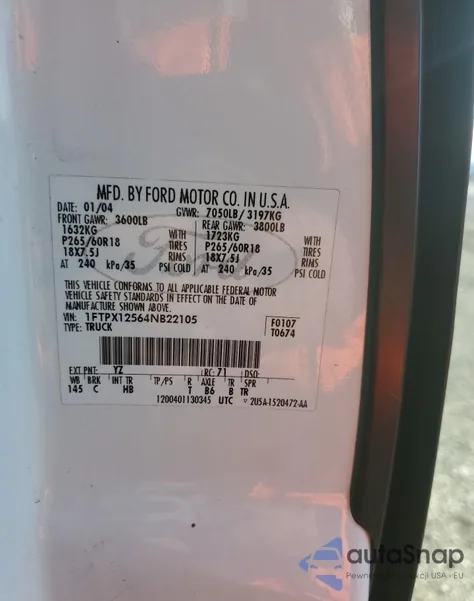 2004 Ford F150 z USA, uszkodzony, nr VIN 1FTPX12564NB22105